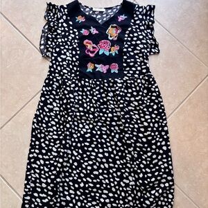 Kirundo Black & White Animal Print Floral Embroidered Ruffle Sleeve Dress Boho M